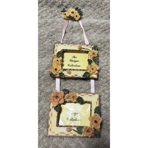 Vtg Floral Flowers Double Hanging Frame Wall Decor Yellow & Pink
